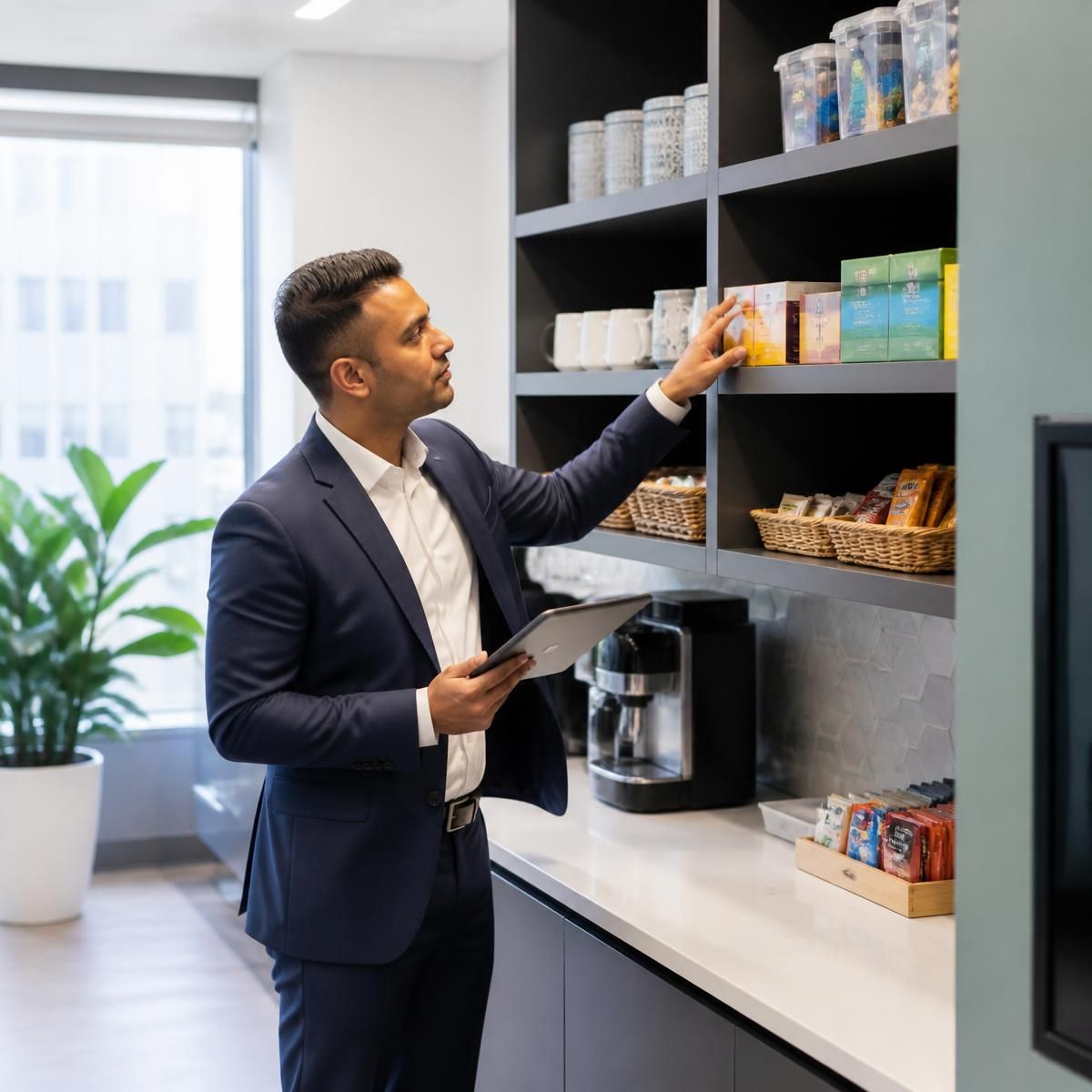 OfficePantry team member checking office pantry stock levels in Dubai