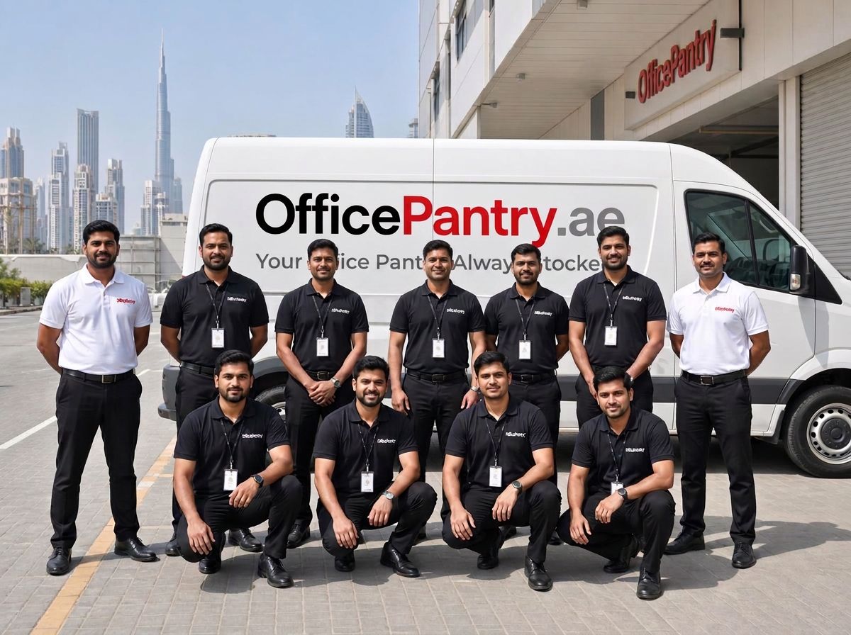 OfficePantry field team of twelve uniformed Indian men posing in front of a branded OfficePantry delivery van in Dubai