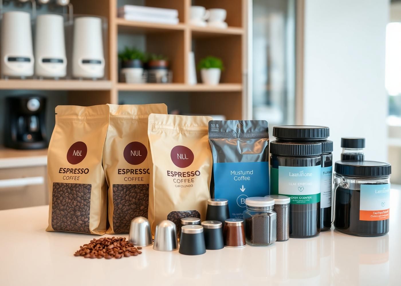 Range of office coffee supplies — beans, ground coffee, capsules and instant coffee on a pantry counter