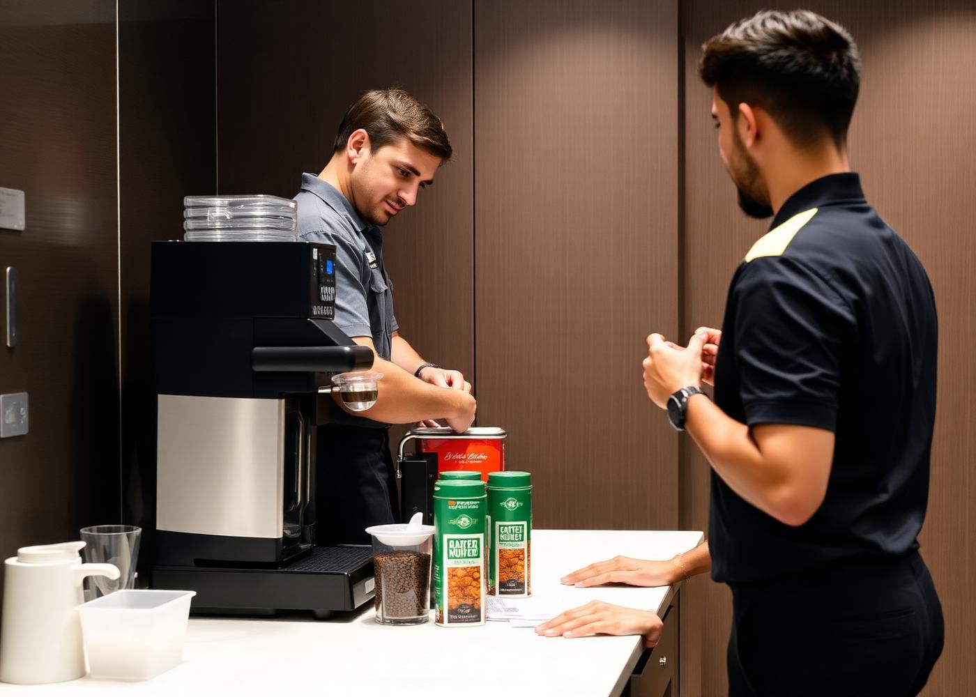 Service technician restocking coffee beans and supplies into an office coffee machine