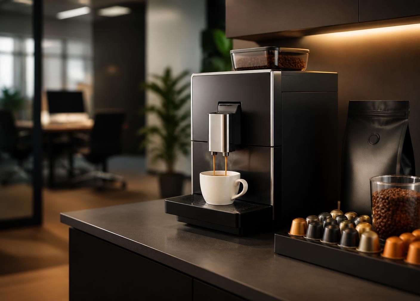 Office bean-to-cup coffee machine pouring espresso beside coffee beans and capsules in a Dubai office