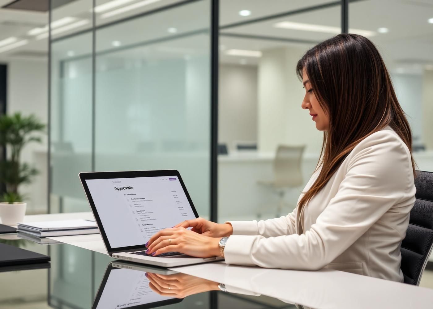 Office manager reviewing a pantry restocking approval list on a laptop