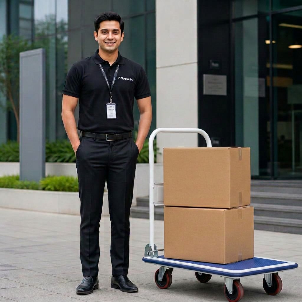 OfficePantry delivery team member in black branded polo standing beside a delivery van