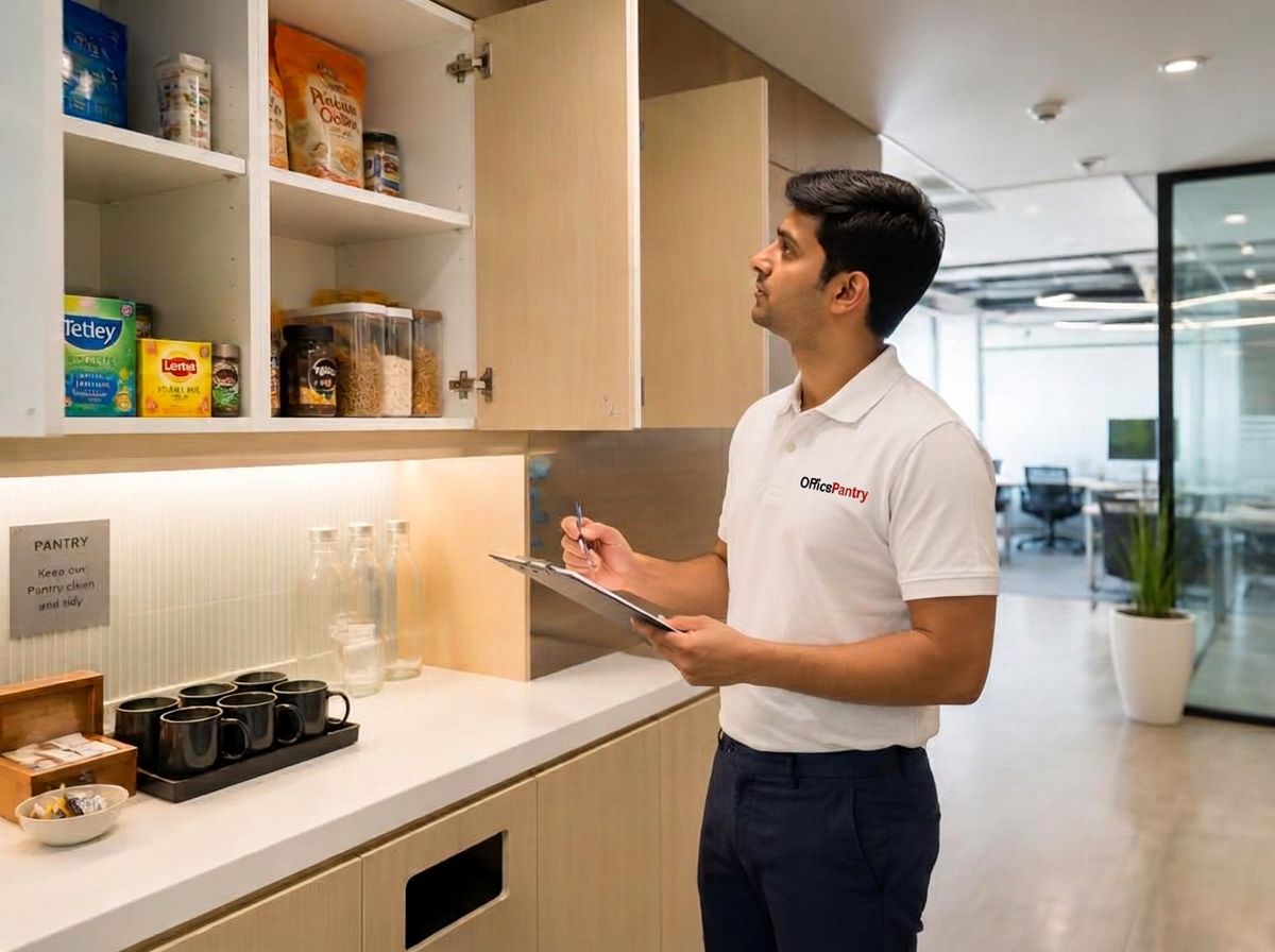 OfficePantry staff checking pantry stock with a clipboard and pen in an office pantry