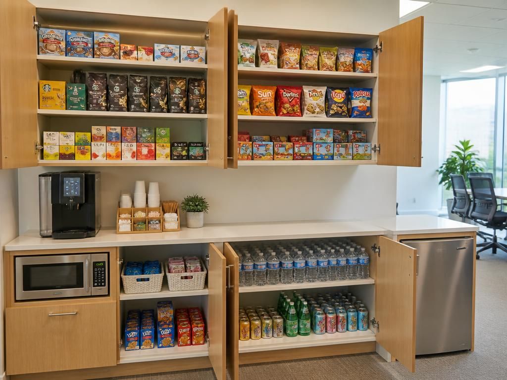 Approved pantry supplies being restocked onto organised office pantry shelves