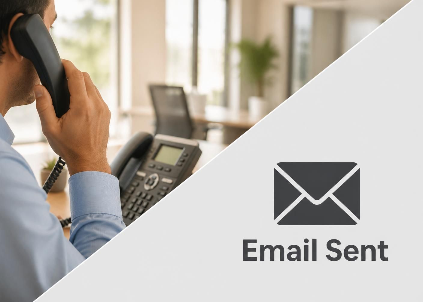 Diagonal split image: person on an office phone on the top-left, an email envelope icon with Email Sent text on the bottom-right