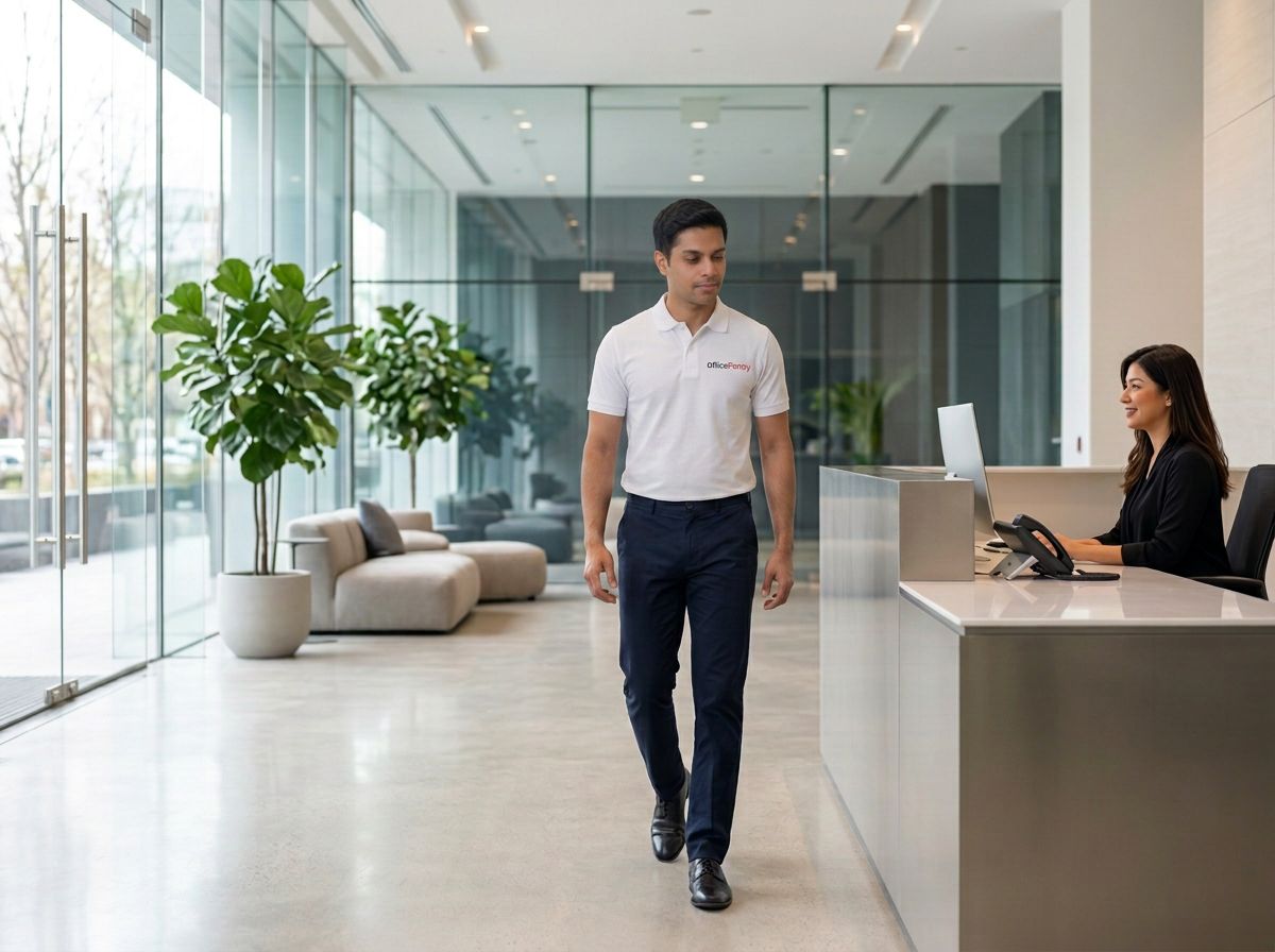 OfficePantry team member walking to an office reception desk in Dubai